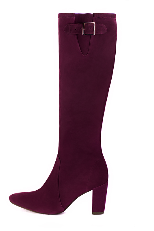 Wine red women's knee-high boots with buckles. Round toe. High block heels. Made to measure. Profile view - Florence KOOIJMAN
